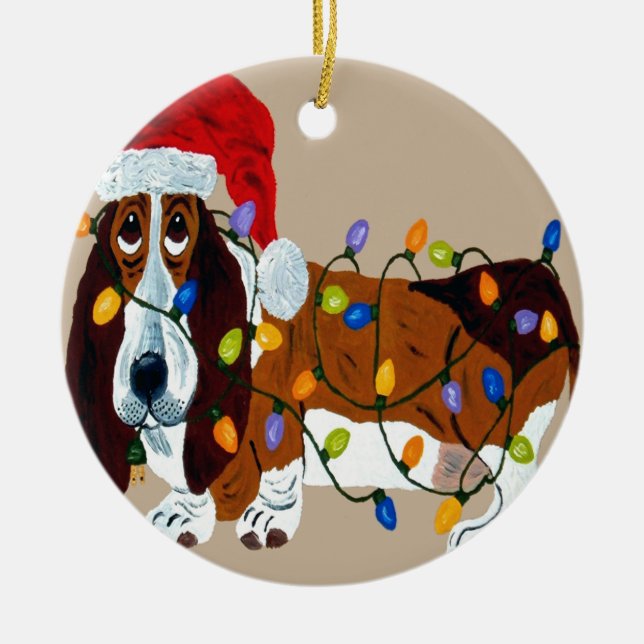 Basset Tangled In Christmas Lights Ceramic Ornament (Front)