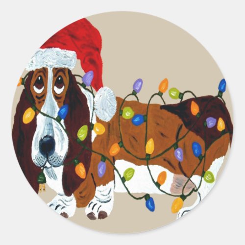 Basset Tangled In Christmas Lights Classic Round Sticker