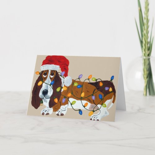 Basset Tangled In Christmas Lights Holiday Card