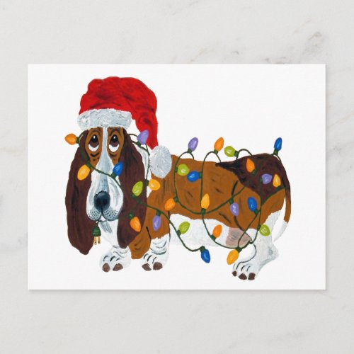 Basset Tangled In Christmas Lights Holiday Postcard
