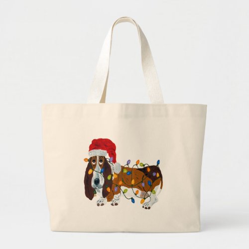 Basset Tangled In Christmas Lights Large Tote Bag