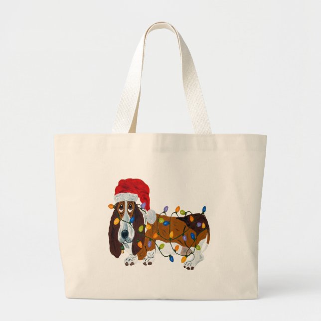 Basset Tangled In Christmas Lights Large Tote Bag (Front)