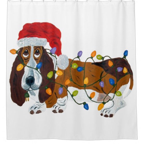 Basset Tangled in Christmas Lights Shower Curtain