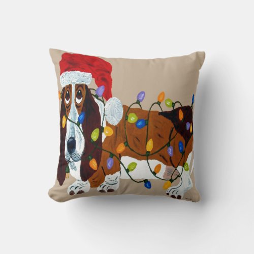 Basset Tangled In Christmas Lights Throw Pillow