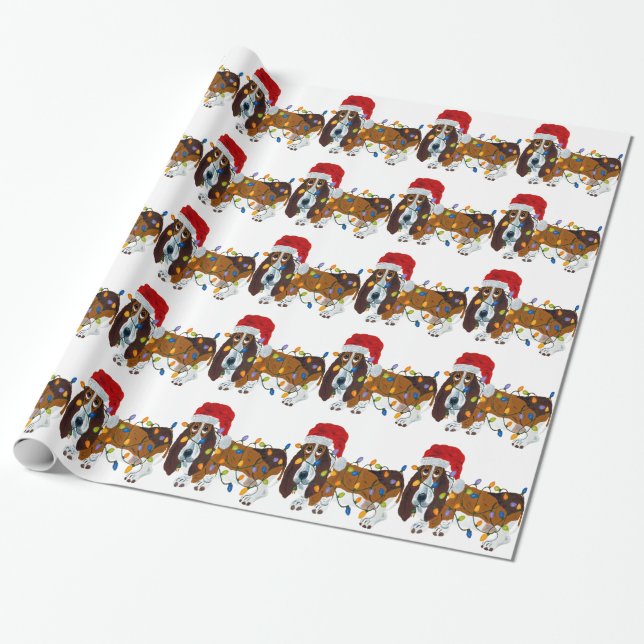 Basset Tangled In Christmas Lights Wrapping Paper (Unrolled)