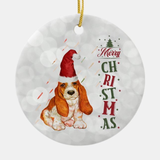 Bassett Hound Cute Dog Christmas Ceramic Ornament (Front)