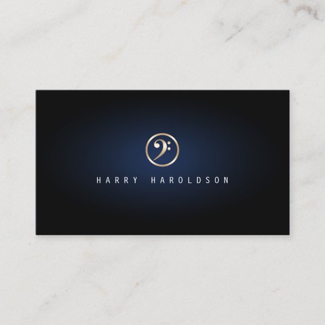 Bassist Elegant Gold Bass Clef Icon Blue Glow Business Card (Front)