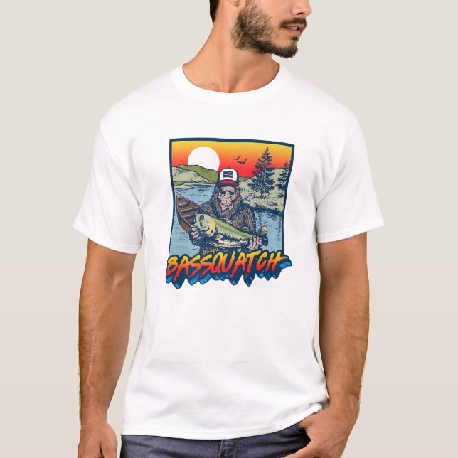 Bassquatch! Funny Bass Fishing Sasquatch Retro 80S T-Shirt (Front)
