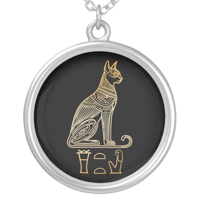 Bastet, Egyptian Cat Goddess. Name in hieroglyphs Silver Plated Necklace (Front)