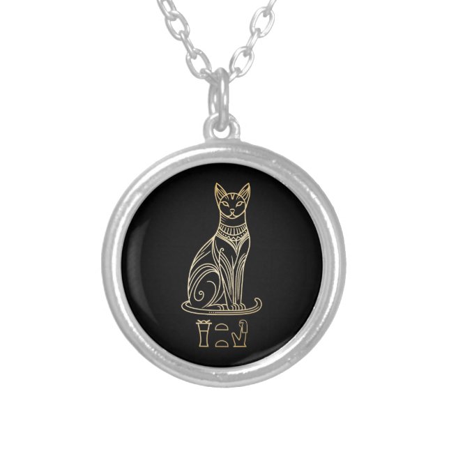 Bastet, Egyptian Cat Goddess. Name in hieroglyphs Silver Plated Necklace (Front)