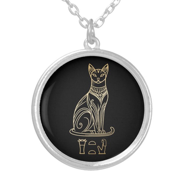 Bastet, Egyptian Cat Goddess. Name in hieroglyphs Silver Plated Necklace (Front)