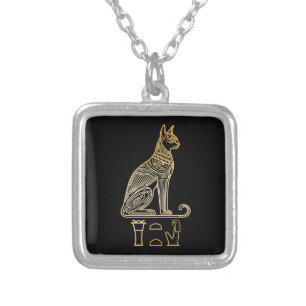 Bastet, Egyptian Cat Goddess. Name in hieroglyphs Silver Plated Necklace