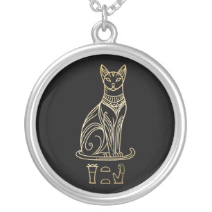 Bastet, Egyptian Cat Goddess. Name in hieroglyphs Silver Plated Necklace