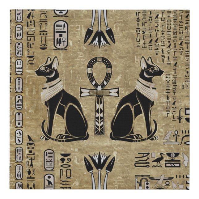 Bastet - Egyptian Cats And Ankh Cross Faux Canvas Print (Front)