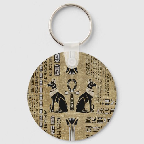 Bastet _ Egyptian Cats And Ankh Cross Keychain