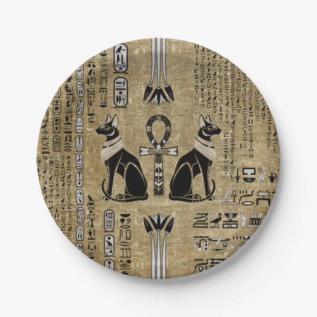 Bastet - Egyptian Cats And Ankh Cross Paper Plates (Front)