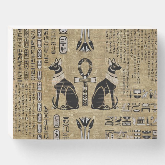Bastet - Egyptian Cats And Ankh Cross Wooden Box Sign (Front Horizontal)