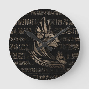 Bastet Egyptian Goddess -vintage gold on black Round Clock
