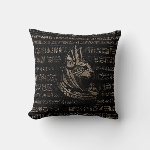 Bastet Egyptian Goddess _vintage gold on black Throw Pillow