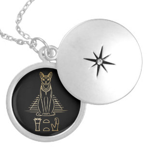Bastet with name in hieroglyphs and Egypt Pyramid Locket Necklace