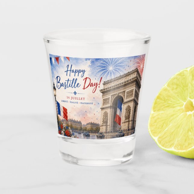 Bastille day Arc de triomphe Paris France firework Shot Glass (Front)