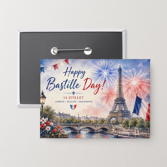 Bastille Day Eiffel Tower River Seine fireworks Button (Front/Back)