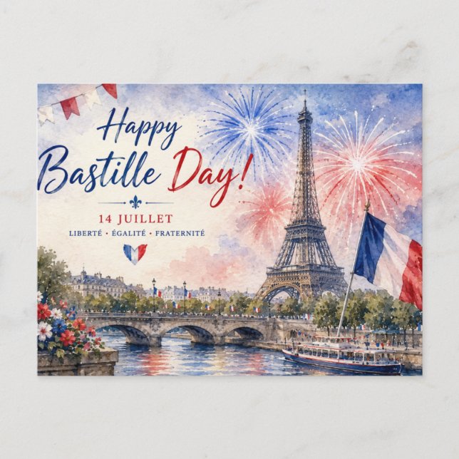Bastille Day Eiffel Tower River Seine fireworks Holiday Postcard (Front)