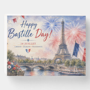 Bastille Day Eiffel Tower River Seine fireworks Wooden Box Sign