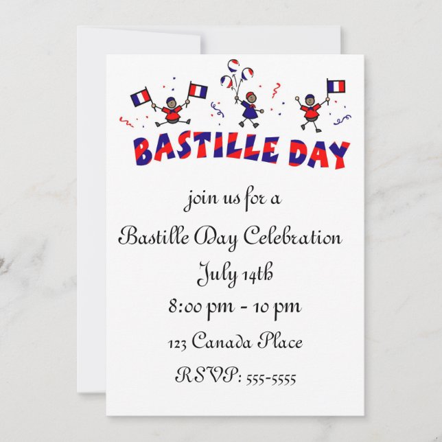 Bastille Day Stick Figure with French Flags Invitation (Front)