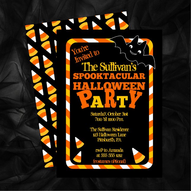 Bat and Candy Corn Spooktacular Halloween Party In Invitation (Cute Bat and Candy Corn Spooktacular Halloween Party Invitation)