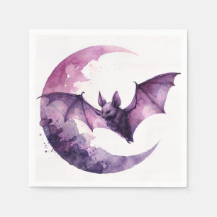 Bat and Crescent Moon Purple Watercolor Art Napkins