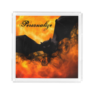 Bat and harvest moon fall black orange elegant  acrylic tray