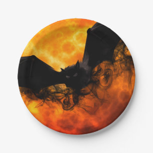 Bat and harvest moon fall black orange elegant  paper plates