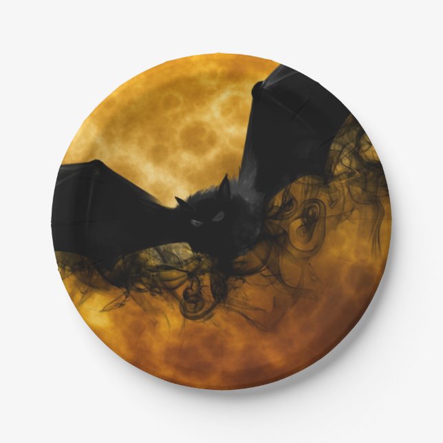 Bat and harvest moon fall black yellow elegant  paper plates (Front)