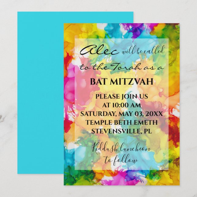 Bat Bar Mitzvah Splash of Color Invitation (Front/Back)