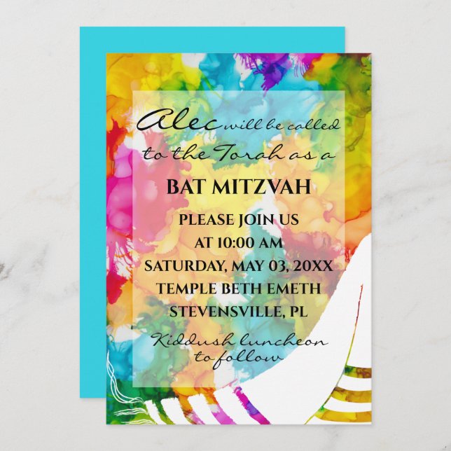 Bat Bar Mitzvah Splash of Color Tallit Invitation (Front/Back)