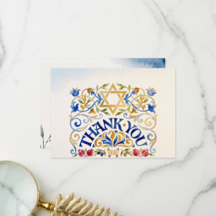 Bat Bar Mitzvah Watercolor Blue Gold Star of david Thank You Card