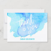 Bat Bar Mitzvah Watercolor Turquoise Blue Thank You Card (Front)