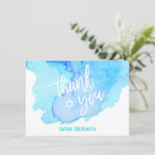 Bat Bar Mitzvah Watercolor Turquoise Blue Thank You Card (Standing Front)