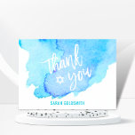 Bat Bar Mitzvah Watercolor Turquoise Blue Thank You Card<br><div class="desc">Say thank you to your guests with these beautiful watercolor Bar Mitzvah thank you cards.  White letters with star of David in middle.  Watercolor blue,  turquoise colors.  Blank cards,  room to write personal message.  Get matching collection!</div>