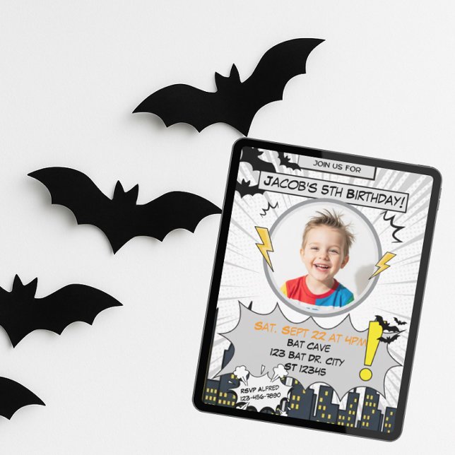 Bat Black and Gray Comic Birthday Invitation (Creator Uploaded)