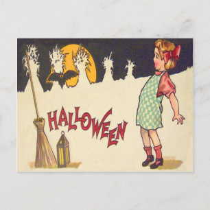 Bat Broom Lantern Moon Cornstalk Girl Postcard