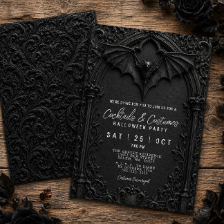 Bat Cocktails and Costumes Black Halloween Party Invitation