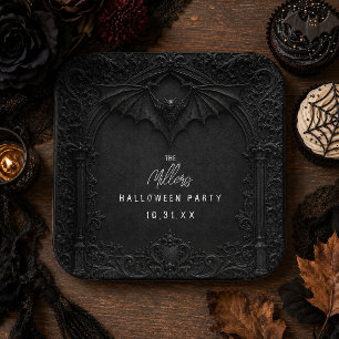 Bat Cocktails and Costumes Black Halloween Party Paper Plates