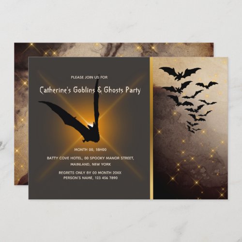 Bat colony fireflies night sky adult halloween invitation