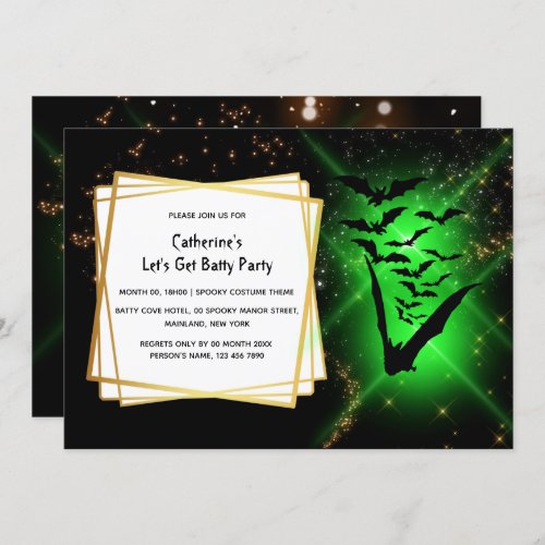 Bat colony green night fireflies adult halloween invitation