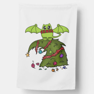 Bat Dragon Cat on Christmas Tree House Flag