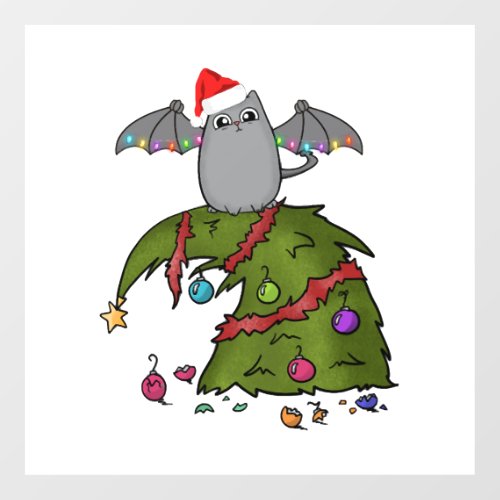 Bat Dragon Cat with Santa Hat on Christmas Tree Floor Decals