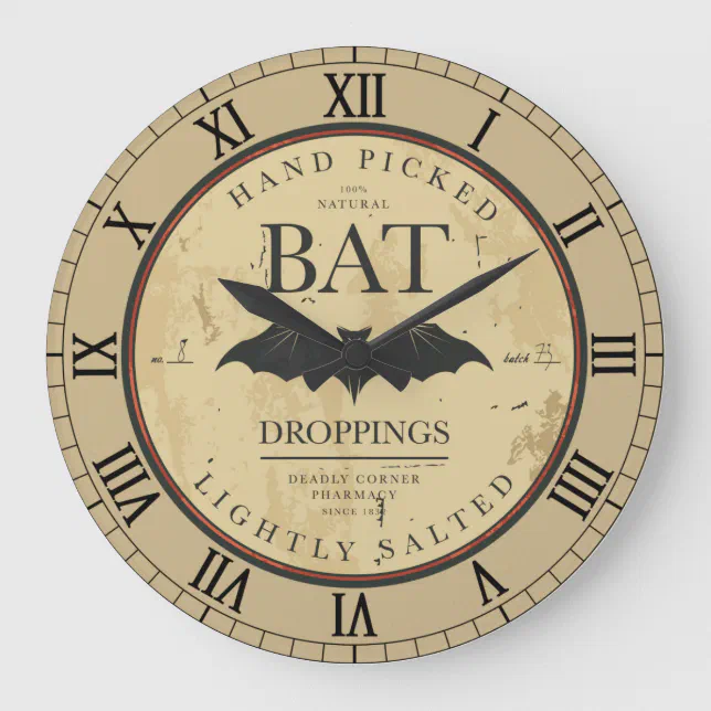 Bat Droppings Vintage Halloween Label Large Clock | Zazzle