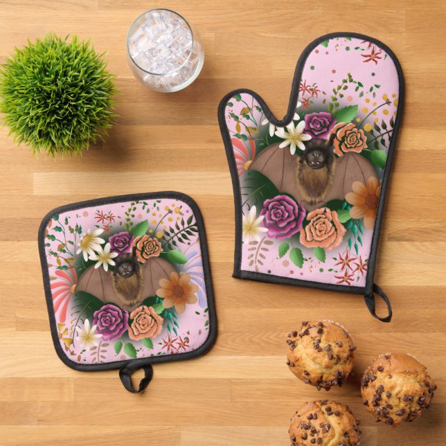 Bat Flowers Floral Botanical  Oven Mitt & Pot Holder Set (Top Down)
